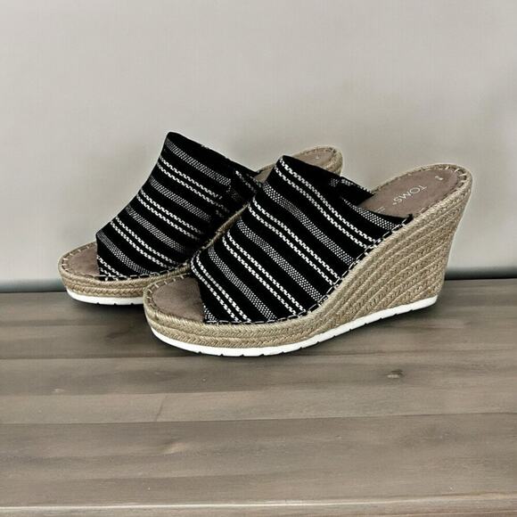 TOMS Women’s 10 Monica Mule Wedge Sandal Black Stripe Canvas Espadrille - Picture 1 of 7